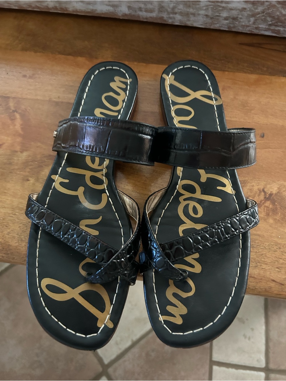 Sam Edelman Black Croc-Embossed Double-Strap Slide Sandals